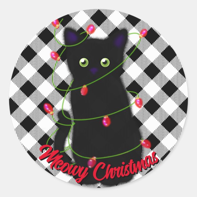 Schwarze Katze Meowy Weihnachtsblitz Gingham Runder Aufkleber (Vorderseite)