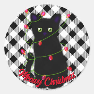 Schwarze Katze Meowy Weihnachtsblitz Gingham Runder Aufkleber