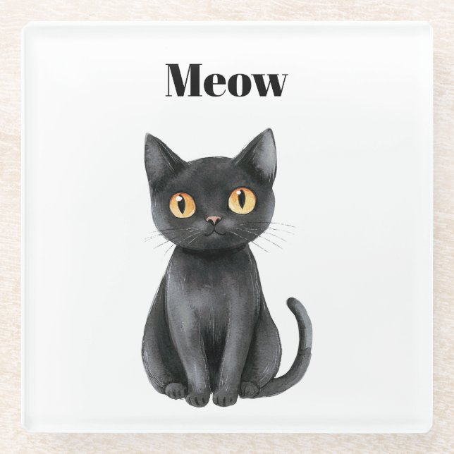 Schwarze Katze Miauen   Glasuntersetzer (Vorderseite)