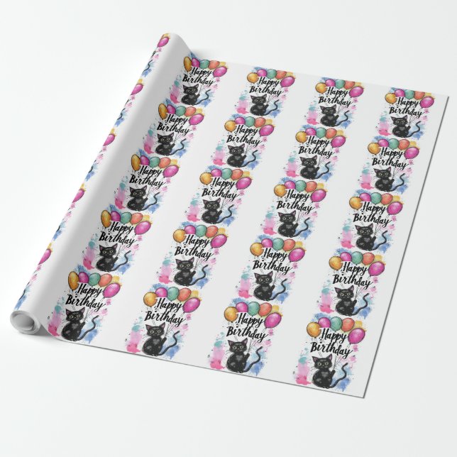 Schwarze Katze mit Balloons Geschenkpapier (Ungerollt)