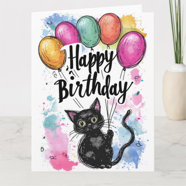 Schwarze Katze mit Balloons Karte (Vorderseite)