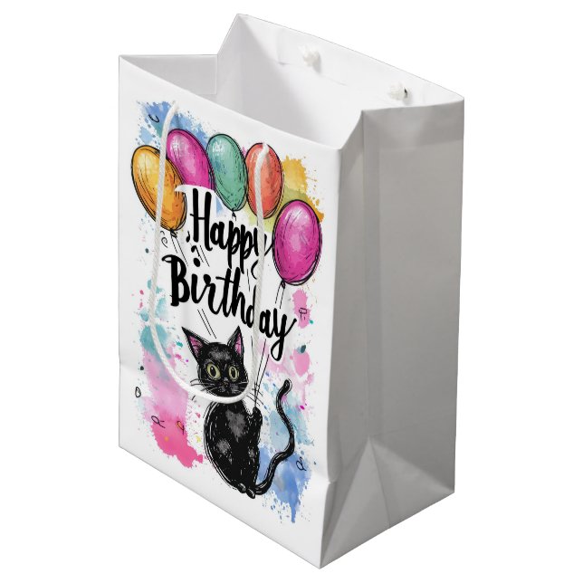 Schwarze Katze mit Balloons Mittlere Geschenktüte (Vorderseite Schrägansicht)