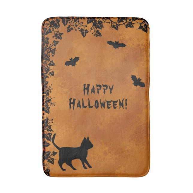 Schwarze Katze mit Bat, glückliches Halloween Badematte (Vorderseite Vertikal)