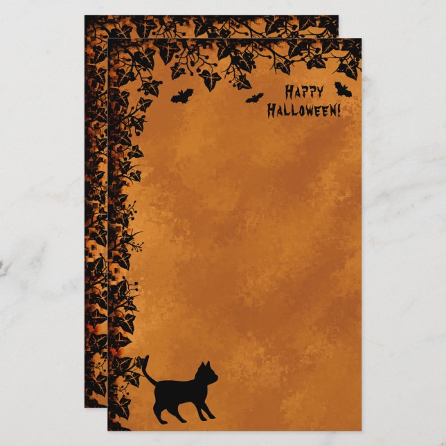 Schwarze Katze mit Bat , Glückliches Halloween! Briefpapier (Vorne/Hinten)