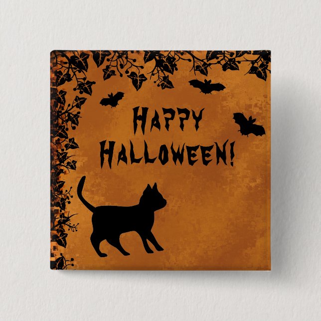 Schwarze Katze mit Bat, glückliches Halloween Button (Vorderseite)