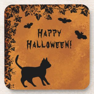 Schwarze Katze mit Bat, glückliches Halloween Getränkeuntersetzer