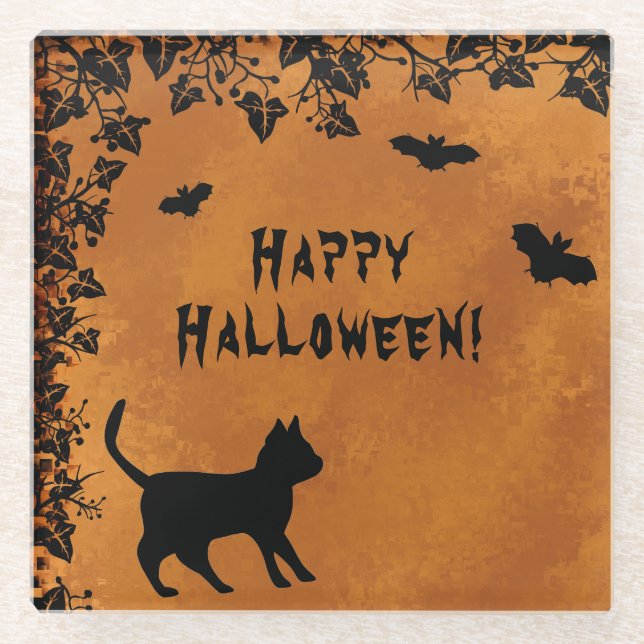 Schwarze Katze mit Bat, glückliches Halloween Glasuntersetzer (Vorderseite)