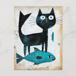 Schwarze Katze mit blauem Fisch Postkarte
