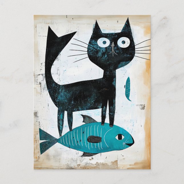 Schwarze Katze mit blauem Fisch Postkarte (Vorderseite)