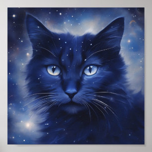 Schwarze Katze mit blauen Augen auf einem Sternenh Poster