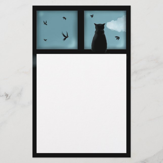 Schwarze Katze mit Blick auf das Fenster im Himmel Briefpapier (Vorderseite)