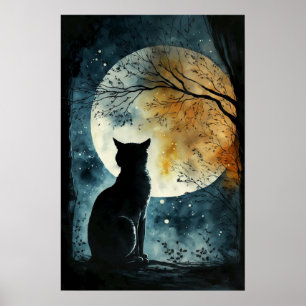 Schwarze Katze mit Blick auf den Mond Poster