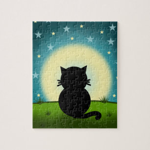 Schwarze Katze mit Blick auf den Mond Puzzle