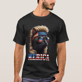 Schwarze Katze mit blonder Perücke Mullet 4. Juli T-Shirt