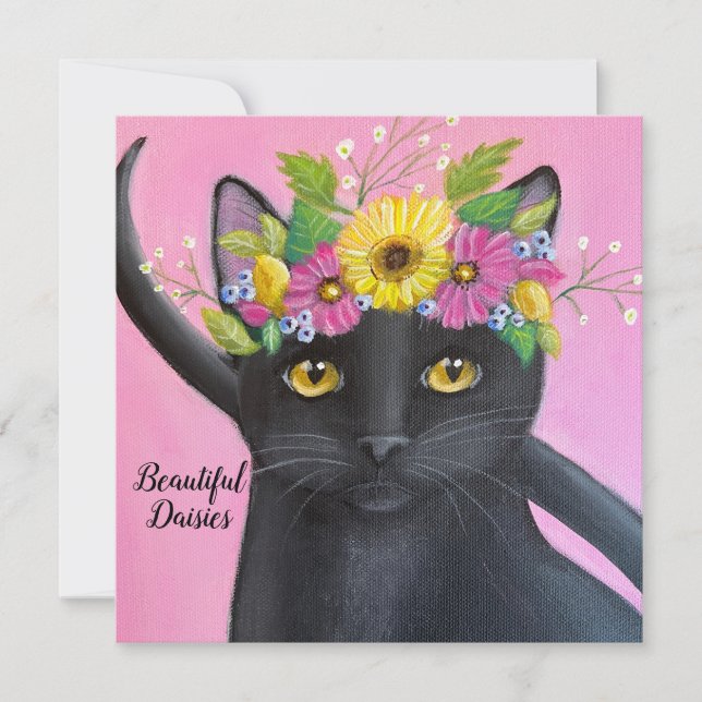 Schwarze Katze mit Blume Crown (Vorderseite)