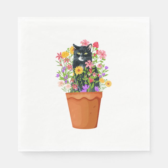 Schwarze Katze mit Blume Serviette (Vorderseite)