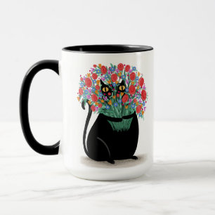 Schwarze Katze mit Blume Tasse