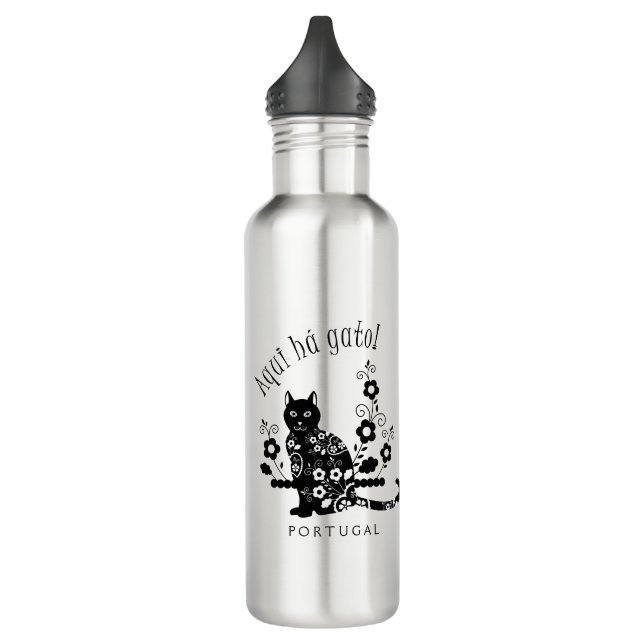 Schwarze Katze mit Blume und portugiesischer Auspr Edelstahlflasche (Links)