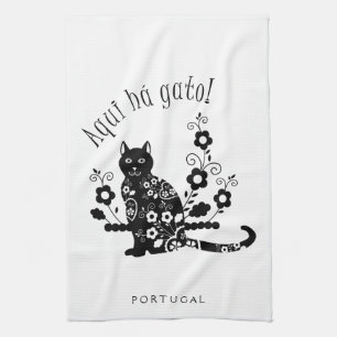 Schwarze Katze mit Blume und portugiesischer Auspr Geschirrtuch