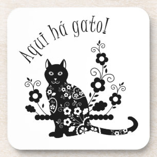 Schwarze Katze mit Blume und portugiesischer Auspr Getränkeuntersetzer