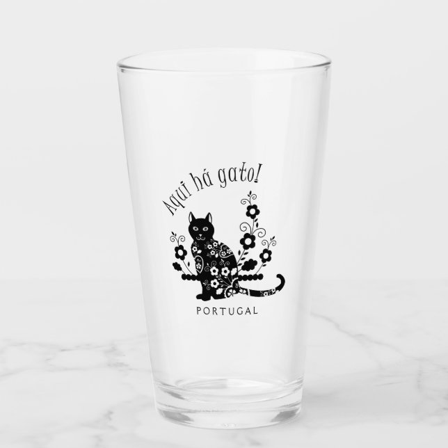 Schwarze Katze mit Blume und portugiesischer Auspr Glas (Vorderseite)