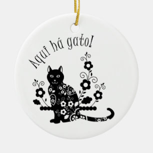 Schwarze Katze mit Blume und portugiesischer Auspr Keramik Ornament