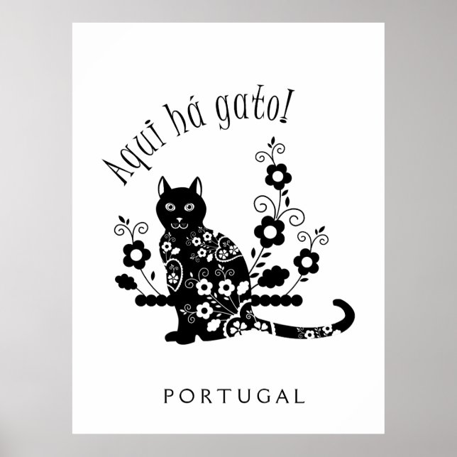 Schwarze Katze mit Blume und portugiesischer Auspr Poster (Vorne)