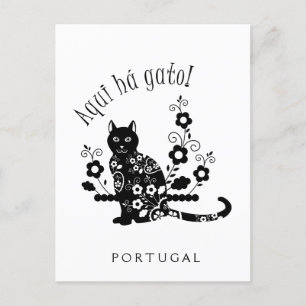 Schwarze Katze mit Blume und portugiesischer Auspr Postkarte