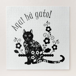 Schwarze Katze mit Blume und portugiesischer Auspr Puzzle