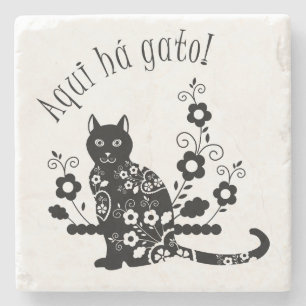 Schwarze Katze mit Blume und portugiesischer Auspr Steinuntersetzer