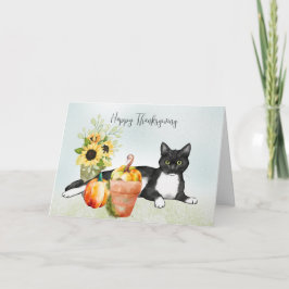 Schwarze Katze mit Blume und Pumpkins Erntedank Karte