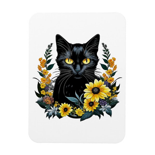 schwarze Katze mit Blumen Magnet (Vertikal)