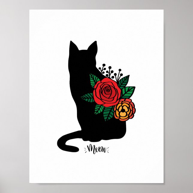 Schwarze Katze mit Blumen Poster (Vorne)