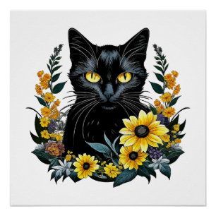 schwarze Katze mit Blumen Poster