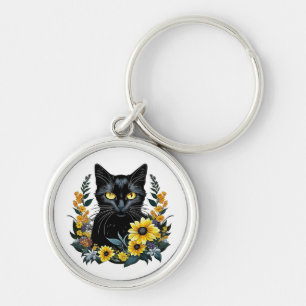 schwarze Katze mit Blumen Schlüsselanhänger