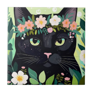 Schwarze Katze mit Blumenkronen Fliese