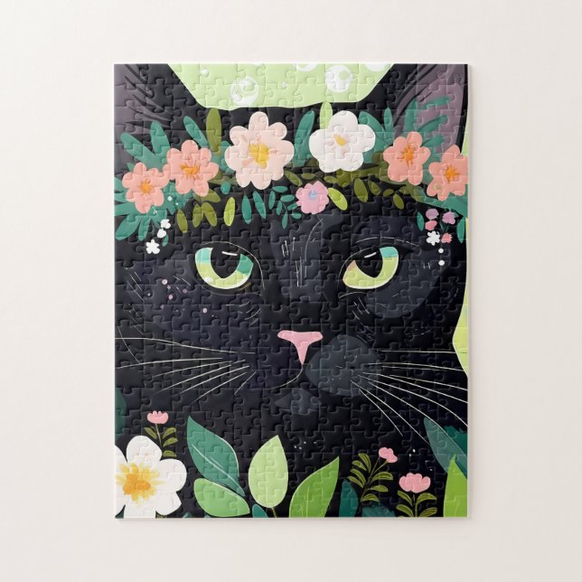 Schwarze Katze mit Blumenkronen Puzzle (Vertikal)