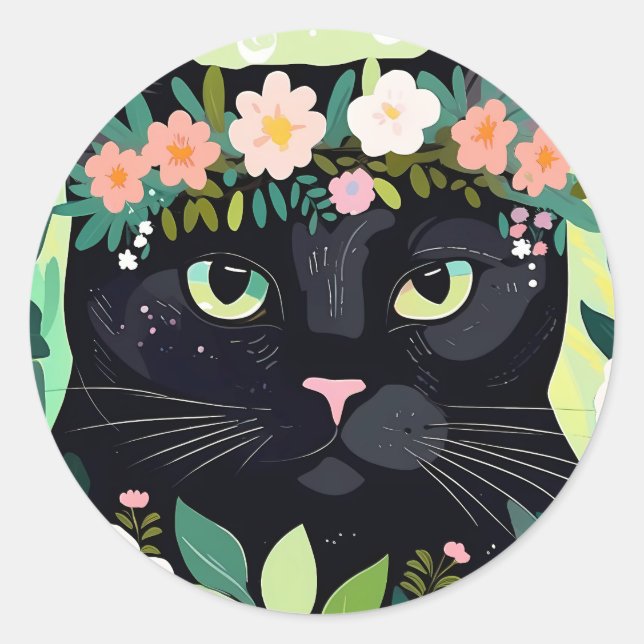 Schwarze Katze mit Blumenkronen Runder Aufkleber (Vorderseite)