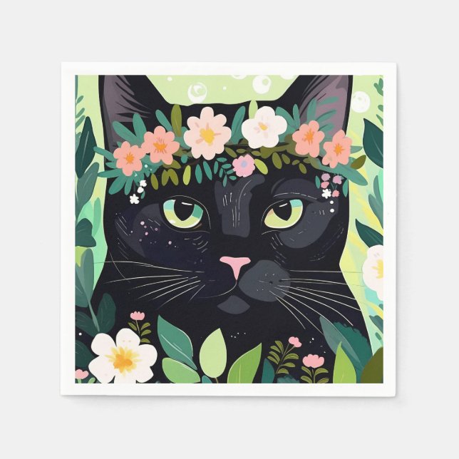 Schwarze Katze mit Blumenkronen Serviette (Vorderseite)