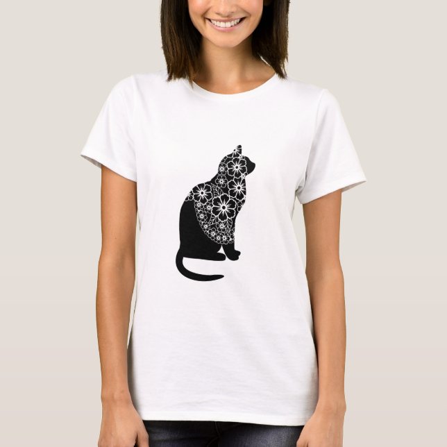 Schwarze Katze mit Blumenschleier | Elegant Gothic T-Shirt (Vorderseite)