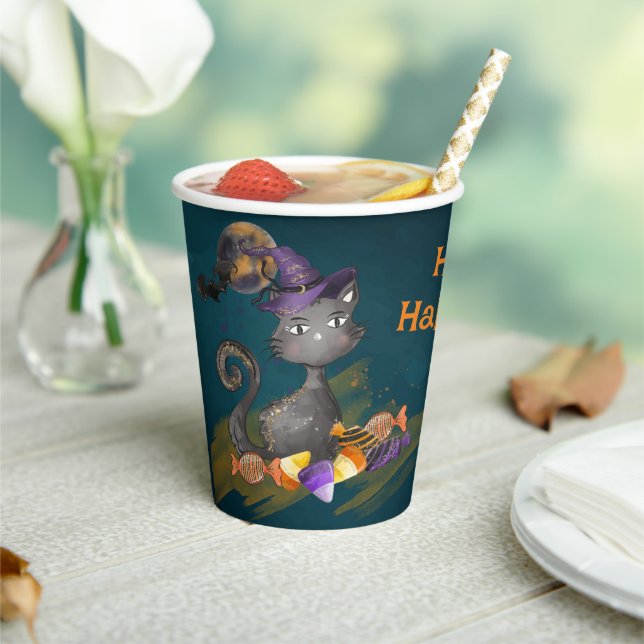 Schwarze Katze mit Bonbons, Halloween Pappbecher (In Situ)