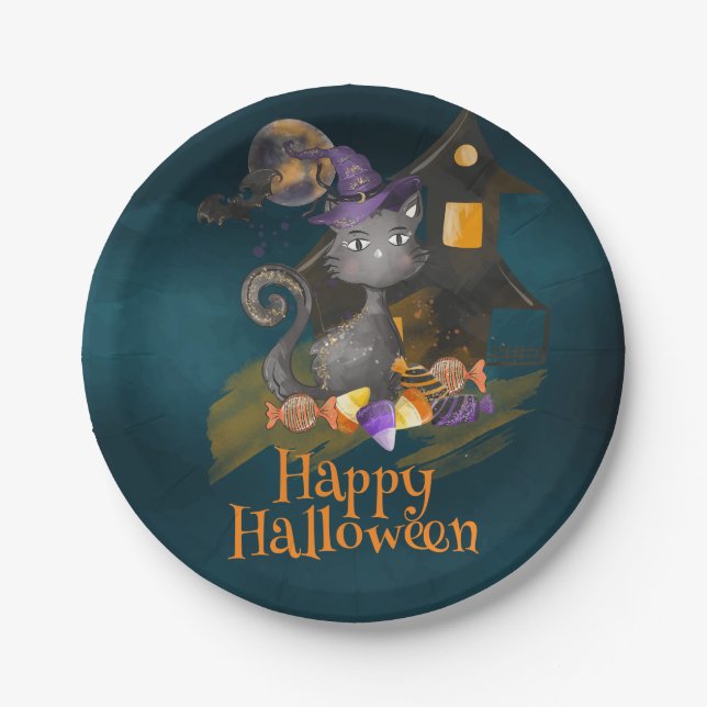 Schwarze Katze mit Bonbons, Halloween Pappteller (Vorderseite)