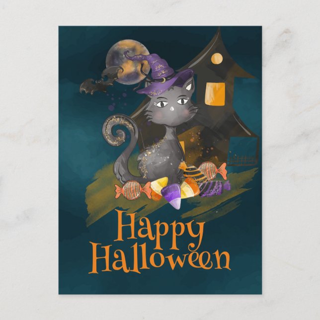 Schwarze Katze mit Bonbons, Halloween Postkarte (Vorderseite)