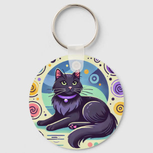 Schwarze Katze mit buntem Hintergrund Schlüsselanhänger