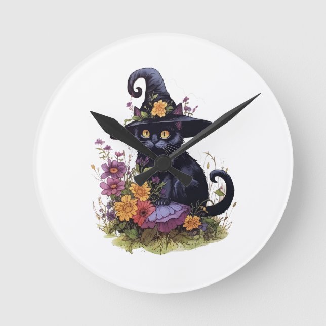 Schwarze Katze mit Cowboyhut und Blume Runde Wanduhr (Vorderseite)