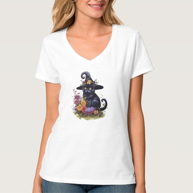 Schwarze Katze mit Cowboyhut und Blume T-Shirt (Vorderseite)