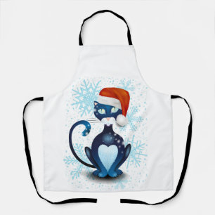 Schwarze Katze mit dem Hut des Weihnachtsmanns Schürze