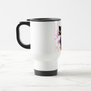 Schwarze Katze mit der rosa Herz-Reise-Tasse Reisebecher