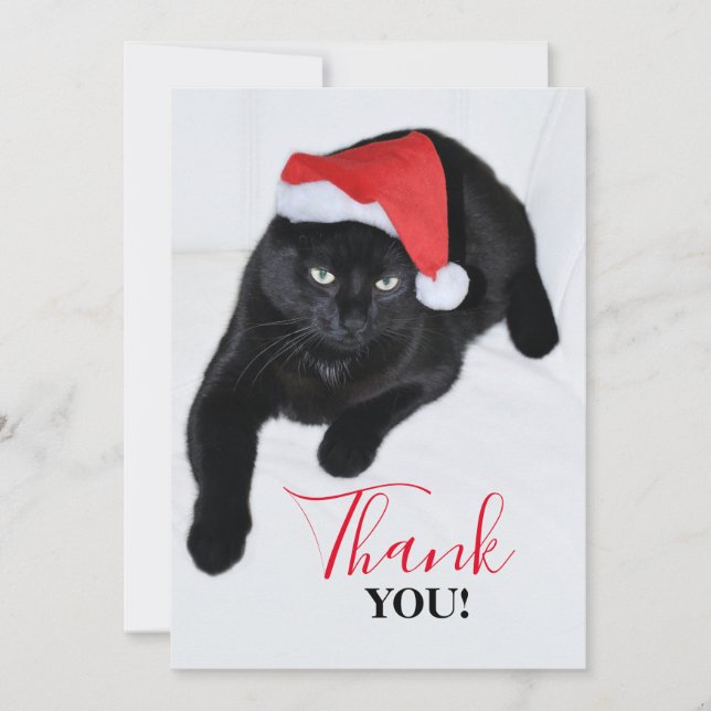 Schwarze Katze mit der roten Weihnachtsmannmütze Dankeskarte (Vorderseite)