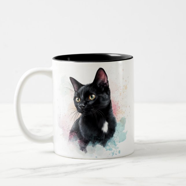 Schwarze Katze mit eigenem Text auf Tasse  (Links)